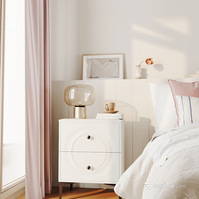 White Bedroom Nightstand with Two Drawers Glass Lamp Gold Base and Wall Art in Cozy Setting 3d model 