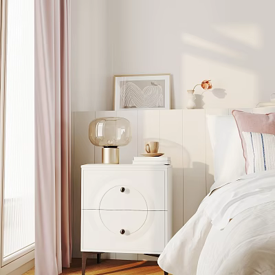 White Bedroom Nightstand with Two Drawers Glass Lamp Gold Base and Wall Art in Cozy Setting 3d model