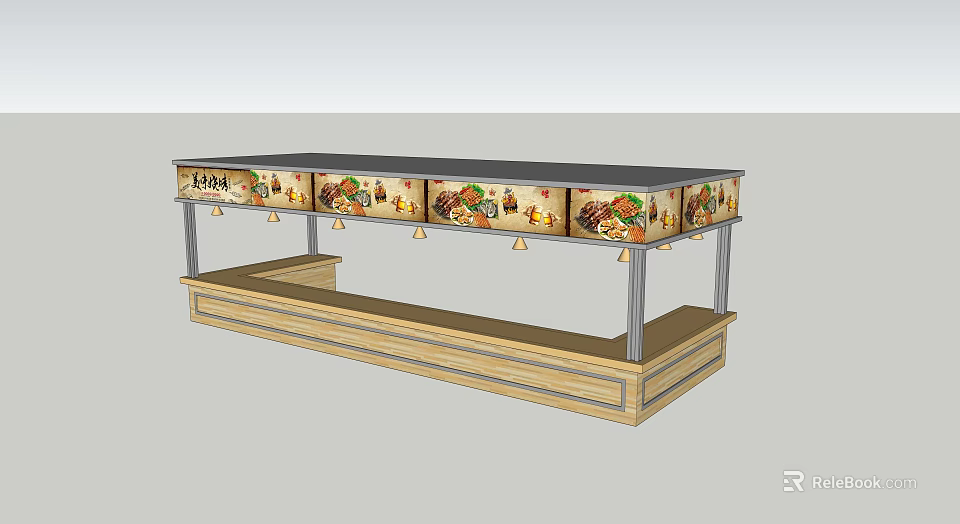 Wooden Food Display Counter With Metal Frame And Decorative Food 3d model 