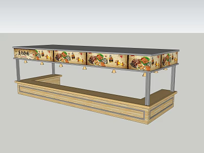 Wooden Food Display Counter With Metal Frame And Decorative Food 3d model