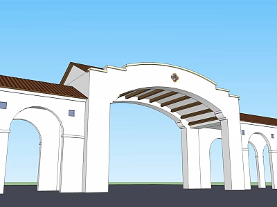 White Arched Entrance Gate With Brown Roof Multiple Arches And Decorative Columns 3d model