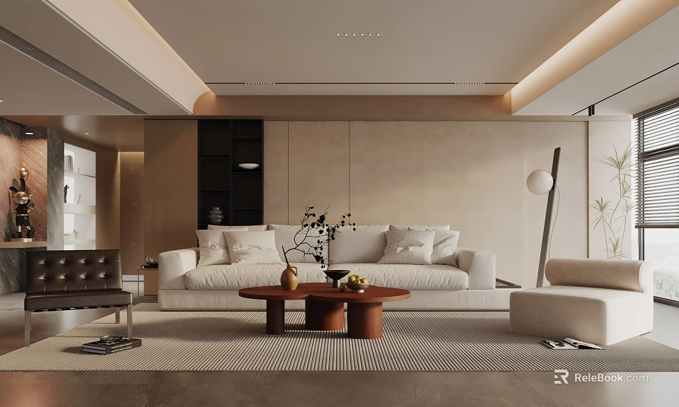 Modern Living Room Interior Design With White Sofa Wooden Coffee Table And Decorative Vase 3d model 
