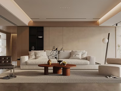 Modern Living Room Interior Design With White Sofa Wooden Coffee Table And Decorative Vase 3d model