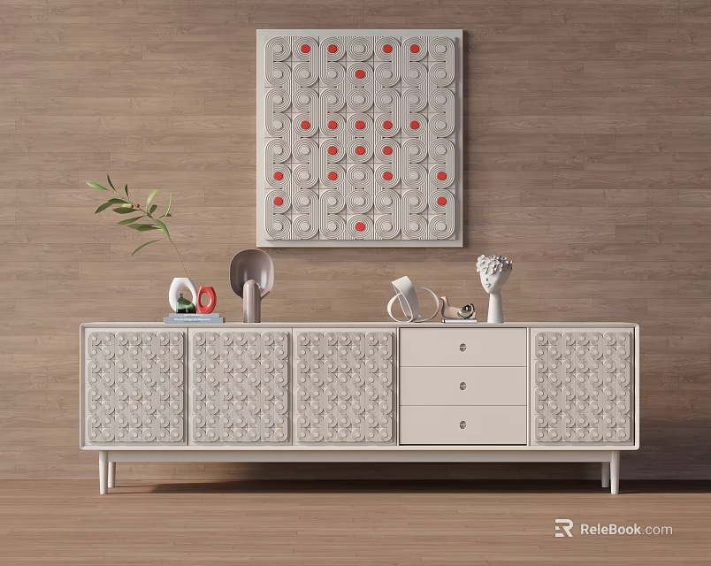 White Carved TV Stand With Cabinets Drawers Decorative Items And Red Dot Wall Art 3d model 