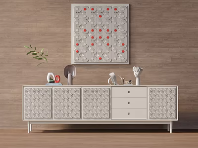 White Carved TV Stand With Cabinets Drawers Decorative Items And Red Dot Wall Art 3d model