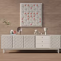 White Carved TV Stand With Cabinets Drawers Decorative Items And Red Dot Wall Art