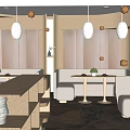 Modern Restaurant Interior With Wooden Walls White Pendant Lights And Sofa Seats