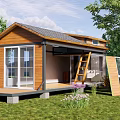 Wooden Cabin Vacation Rental With Front Deck Large Windows And Green Lawn Surrounded By Trees