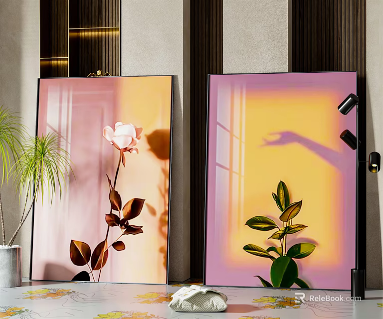Two Vibrant Plant Paintings With Pink Rose And Green Leaves In Interior Decor 3d model 