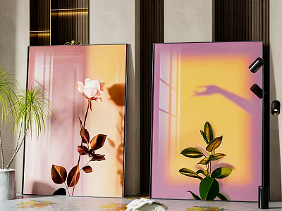 Two Vibrant Plant Paintings With Pink Rose And Green Leaves In Interior Decor 3d model