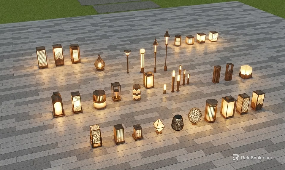 Various Styles Outdoor Lights For Outdoor Courtyard With Stone Pavement And Green Grass 3d model 