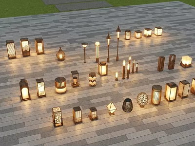 Various Styles Outdoor Lights For Outdoor Courtyard With Stone Pavement And Green Grass 3d model