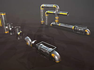 Industrial Metal Pipes With Various Fittings Curved Straight Designs And Yellow Accents 3d model