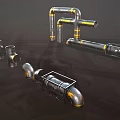 Industrial Metal Pipes With Various Fittings Curved Straight Designs And Yellow Accents