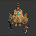 Traditional Golden Headdress Adorned With Turquoise And Red Gemstones Intricate Design