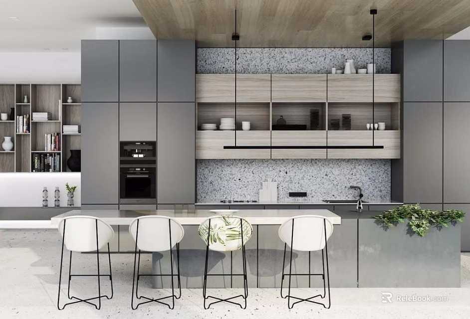 Modern Kitchen Interior With Gray Cabinets Island Counter And Stone Backsplash 3d model
