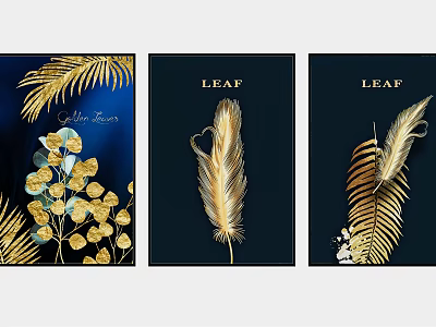 Decorative Wall Art With Gold Leaves Feathers Blue Flower Text LEAF Dark Blue Background 3d model