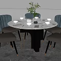 Modern Round Dining Table Set With Six Blue Chairs White Dinnerware And Green Plant 3d model