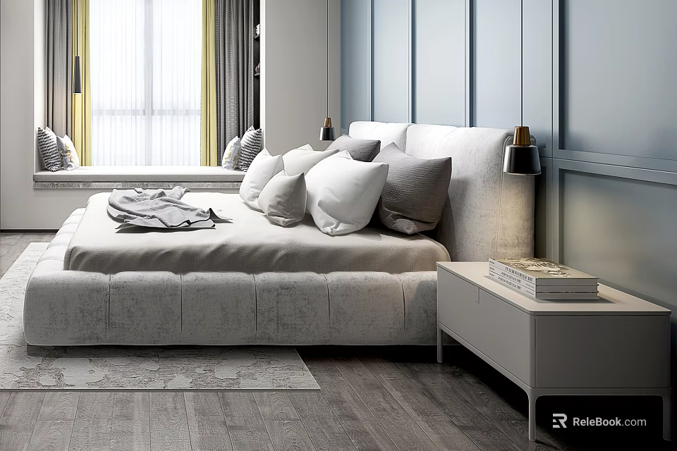 Modern Double Bed With White Frame Gray And White Pillows Blanket Nightstand Books Yellow Curtains Gray Walls 3d model 