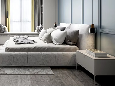 Modern Double Bed With White Frame Gray And White Pillows Blanket Nightstand Books Yellow Curtains Gray Walls 3d model