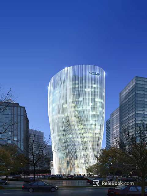 Modern Twisted Skyscraper With Glass Curtain Wall Against Blue Sky And Surrounding Buildings 3d model 