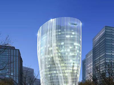Modern Twisted Skyscraper With Glass Curtain Wall Against Blue Sky And Surrounding Buildings 3d model