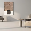 Neutral Toned Modern Lounge Chairs In Minimalist Interior With Abstract Painting And Side Table