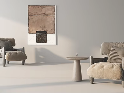 Neutral Toned Modern Lounge Chairs In Minimalist Interior With Abstract Painting And Side Table 3d model