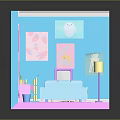 Cartoon Style Room Scene With Blue Walls Pink Curtains Dresser Sofa TV And Rug