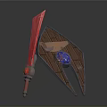 Fantasy Weapon Design With Red Sword Brown Shield Blue Gemstone And White Circular Decorations