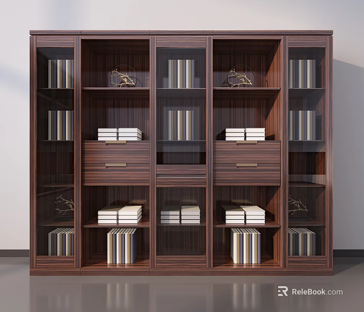 Dark Brown Modern Wooden Bookcase With Storage Shelves Drawers And Organized Books 3d model 