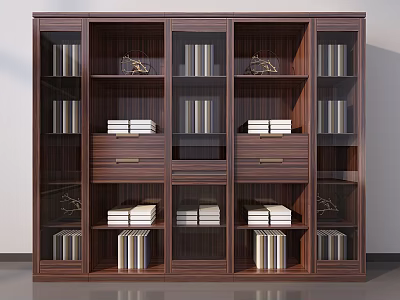Dark Brown Modern Wooden Bookcase With Storage Shelves Drawers And Organized Books 3d model