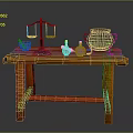 Wooden Table Display With Balance Scale Copper Pot Small Bottles And Spoon