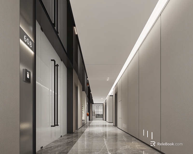Modern Elevator Hallway Interior With Linear Lighting And Sleek Marble Flooring 3d model 
