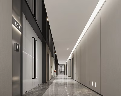 Modern Elevator Hallway Interior With Linear Lighting And Sleek Marble Flooring 3d model