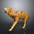 Wolf Model in Standing Pose With Open Mouth and Brown Yellow Fur on Dark Background