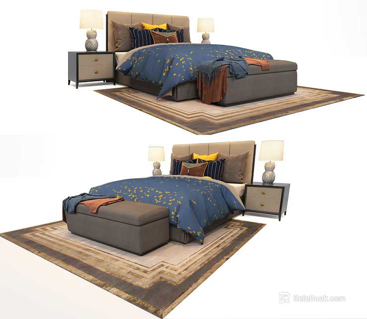 Double Bed with Blue Bedding Bedside Tables Table Lamps and Ottoman on Rug 3d model