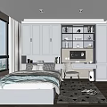 Modern Tatami Bedroom Interior With Grey Storage Cabinets Lit Bookshelves Desk And Chair