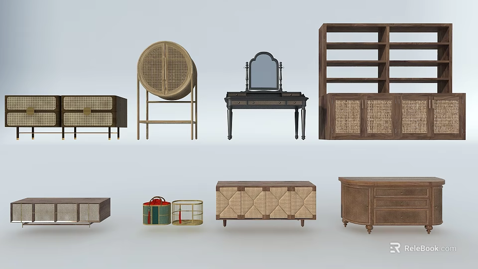 Modern Entryway Cabinet And Sideboard With Rattan Design And Storage Drawers For Home Decor 3d model 