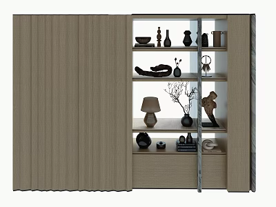Wooden Decorative Cabinet With Open Shelves Displaying Vases Sculptures Lamp And Books 3d model