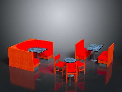 Stylish Orange Restaurant Booth Seating With Dark Stone Tables And Chairs 3d model