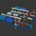 Red And Blue Industrial Mechanical Equipment With Pipes And Multiple Units