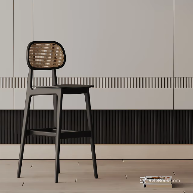 Modern Black Bar Stool With Rattan Backrest For Stylish Kitchen Counter Interior 3d model 