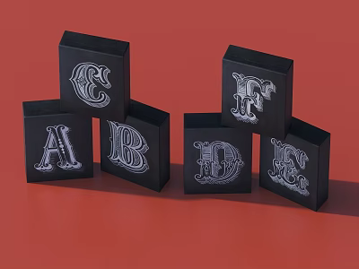 Black Box Decorative Ornament Set With Intricate Letter Decorations On Red Background 3d model