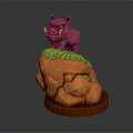 Pink Boar Figurine Standing On Orange Rock With Green Grass And Brown Base