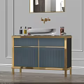 Bathroom Sink with Gold Framed Mirror Brass Faucet and Wall Sconces on White Wall