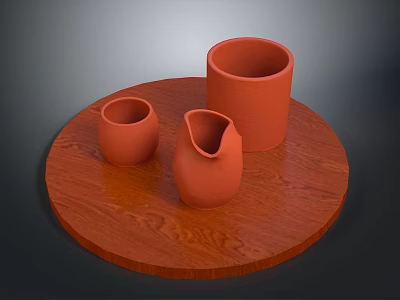 Terracotta Household Items Set With Small Cup Pitcher And Large Cup On Wooden Tray 3d model