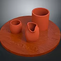 Terracotta Household Items Set With Small Cup Pitcher And Large Cup On Wooden Tray
