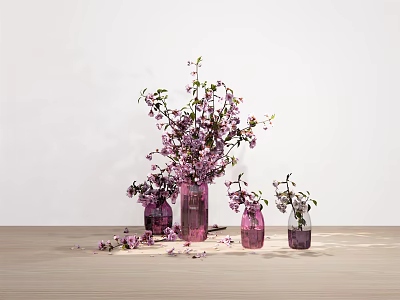 Beautiful Purple Flowers in Glass Vases with Scattered Petals on Wooden Table 3d model