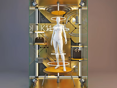 Elegant Modern Window Display With White Mannequin Gold Frame And Handbags On Shelves 3d model